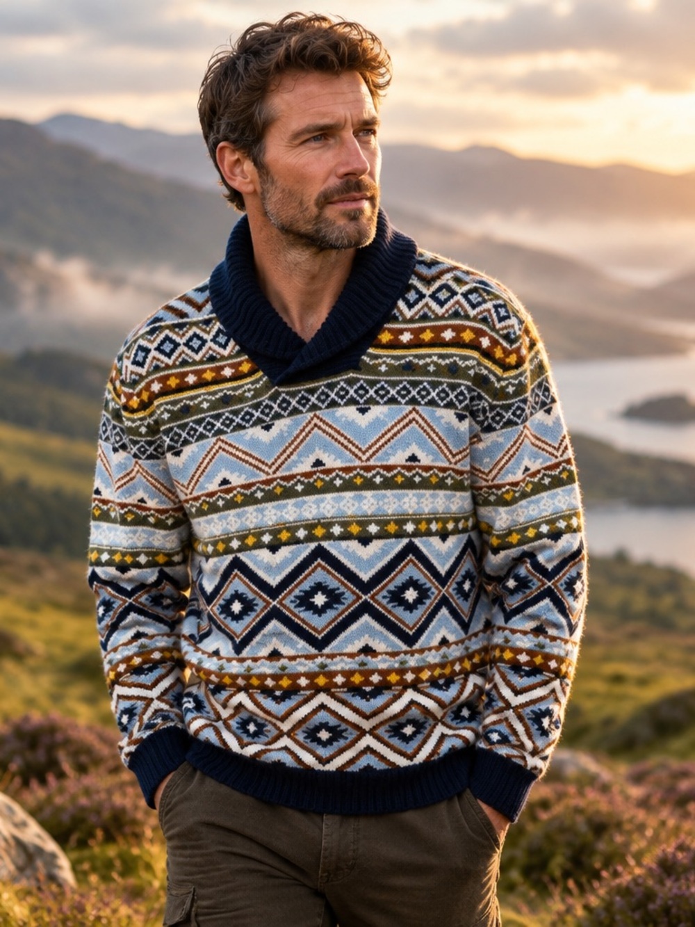 Sun + Stone Men's Geometric Shawl Collar Pullover Sweater Southwest Grandpa